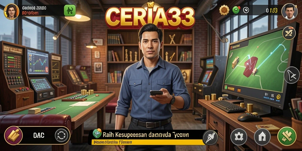 Tampilan menarik dari gameplay CERIA33 dengan berbagai pilihan usaha Tycoon.