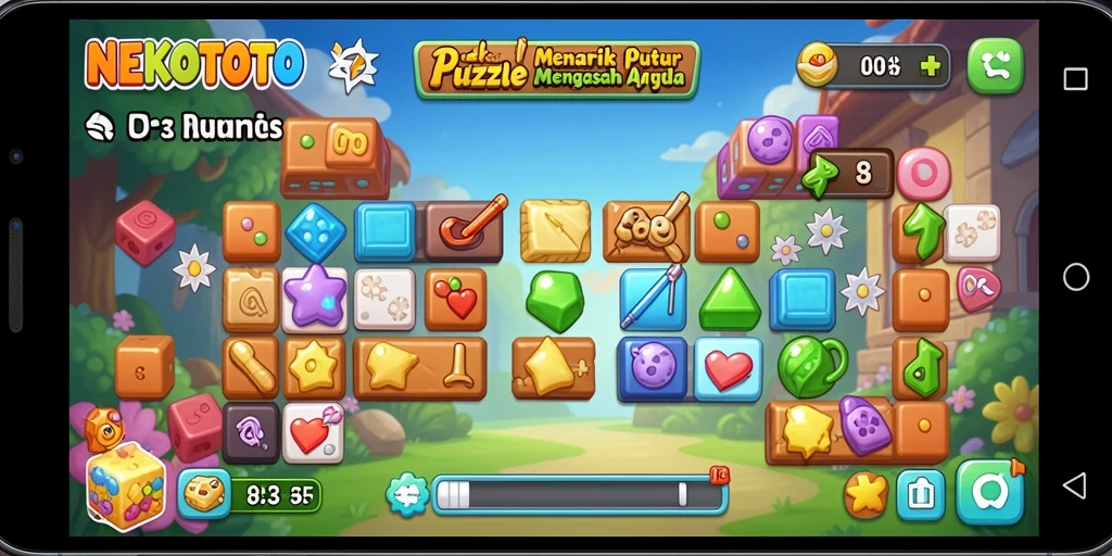 Tampilan gameplay NEKOTOTO dengan teka-teki menarik dan karakter lucu.