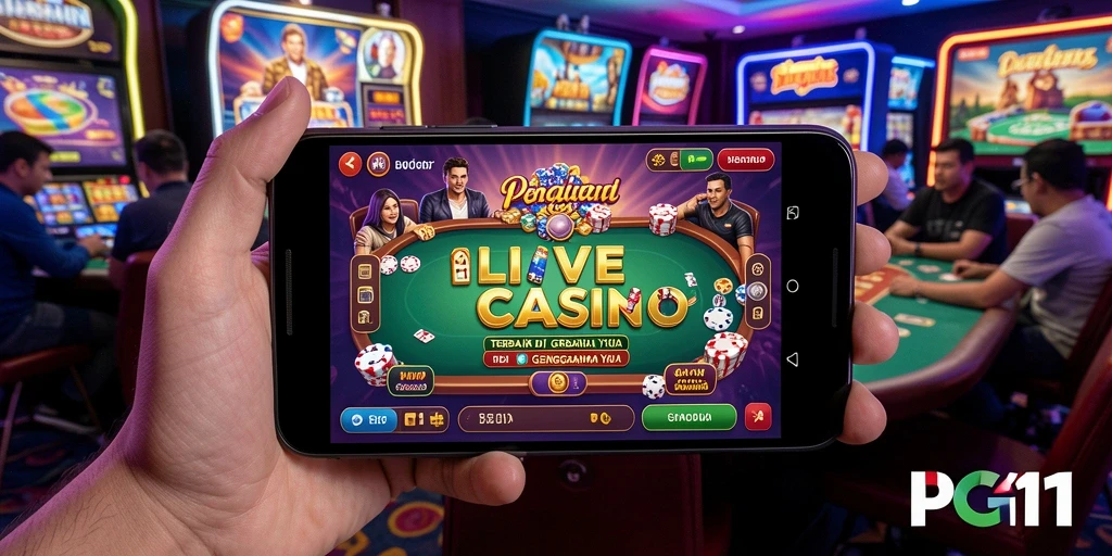 Screenshot PG11 menampilkan dealer langsung dan suasana kasino yang menggembirakan.