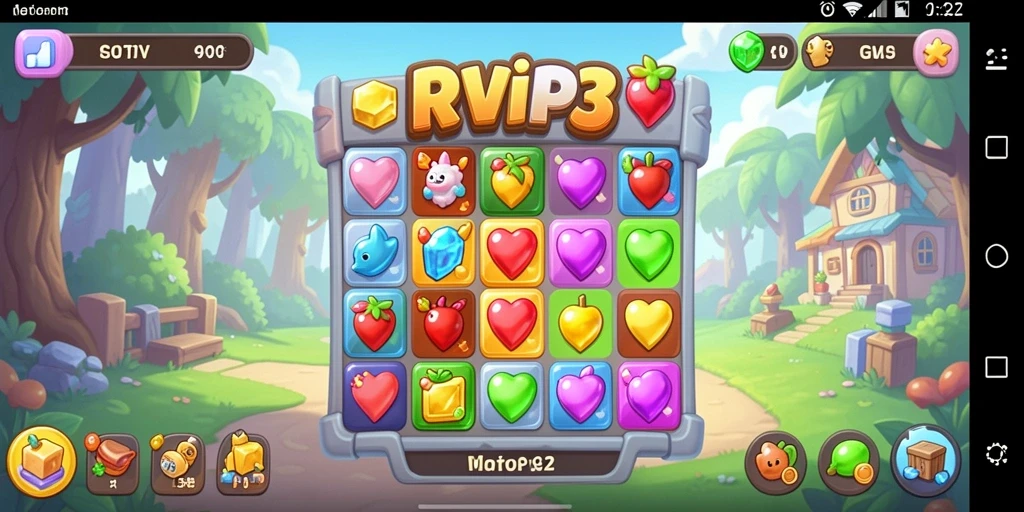 Tampilan gameplay RVIP3 yang penuh warna dan tantangan Match-3.