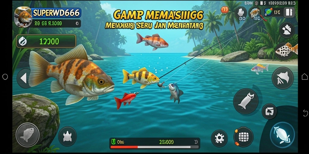 Screenshot gameplay SUPERWD666 menampilkan suasana memancing yang seru.