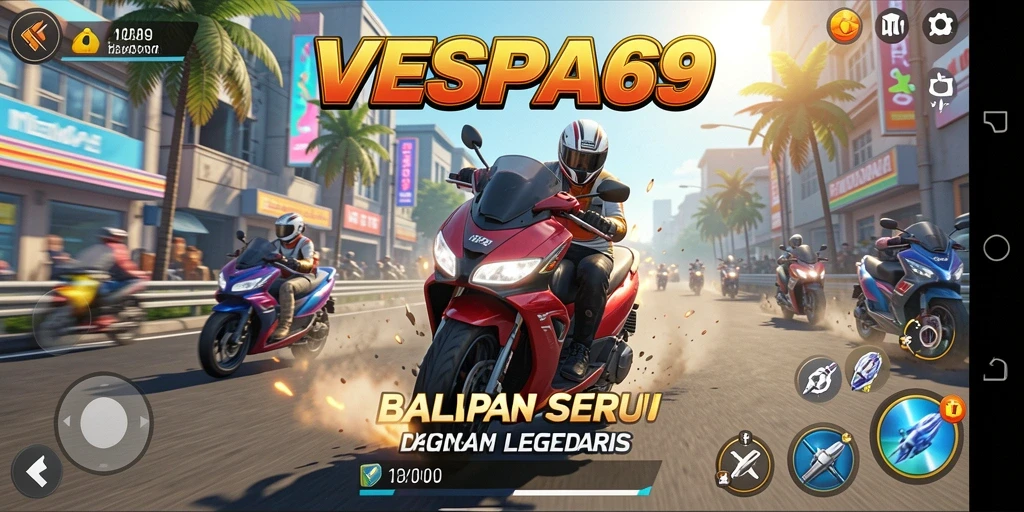 Tampilan seru gameplay VESPA69 dengan skuter yang beraksi di jalanan.